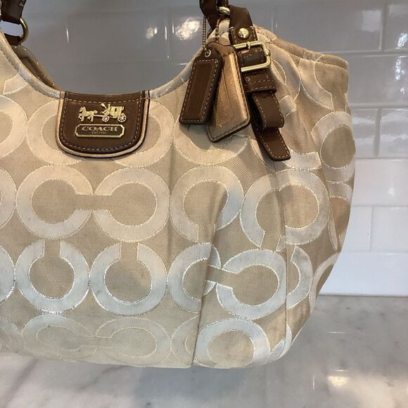 COACH Bag Purse Handbag Madison Abigail Op Art Lurex Gold & Leather Lg. Satchel - Picture 2 of 15